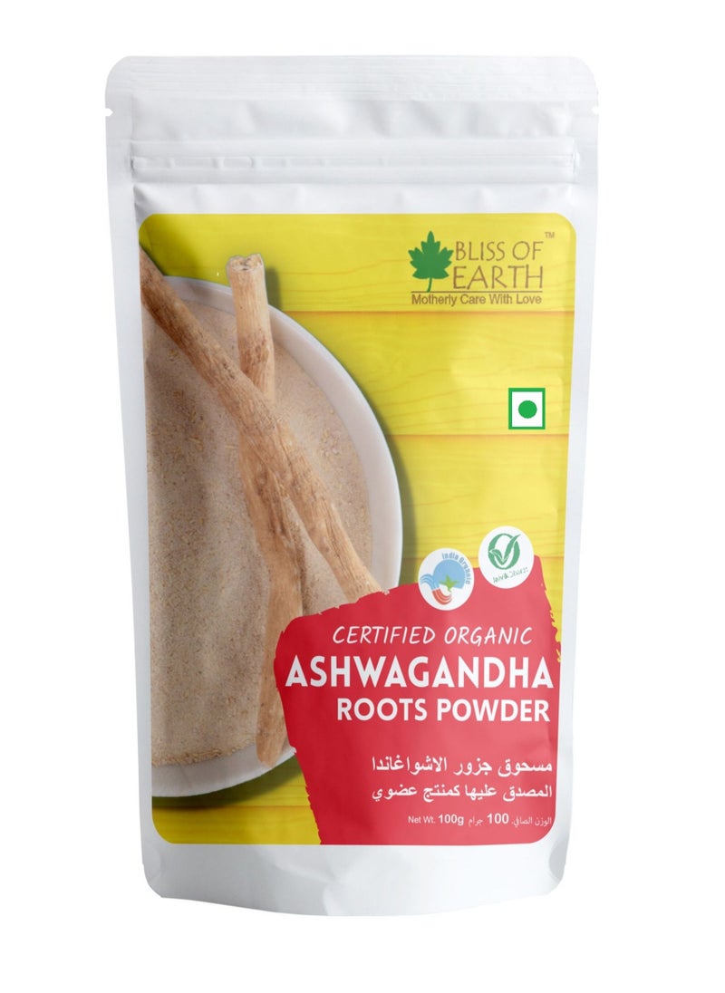 BLISS OF EARTH 100gm Ashwagandha Root Powder Organics Certified Withania Somnifera Helps To Promotes Better Strength & Stamina 