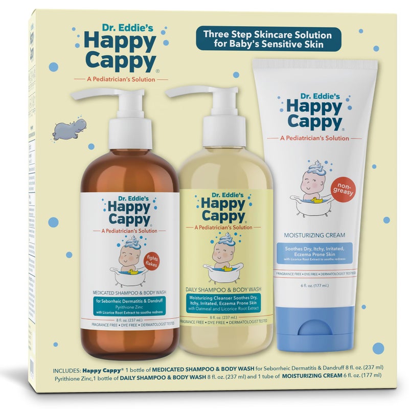 Happy Cappy Three Step Skincare Solution Bundle- Baby Dandruff Shampoo, Eczema Body Wash and Lotion for Kids, Toddler, Adults, Moisturizing Cream, Reduces Itching, Dermatologist Tested, Fragrance-Free - Image 1