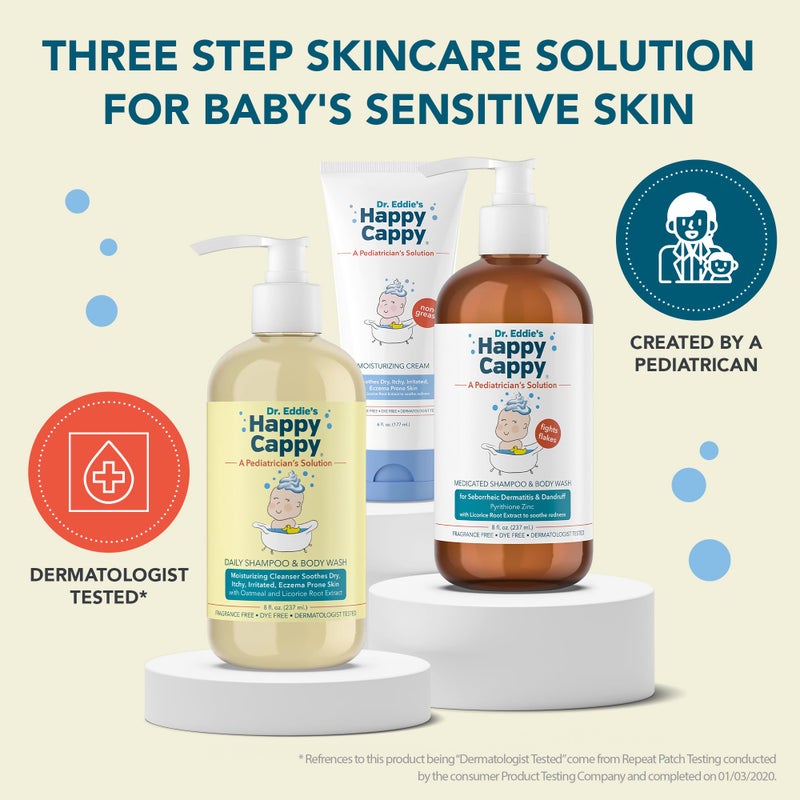 Happy Cappy Three Step Skincare Solution Bundle- Baby Dandruff Shampoo, Eczema Body Wash and Lotion for Kids, Toddler, Adults, Moisturizing Cream, Reduces Itching, Dermatologist Tested, Fragrance-Free - Image 2