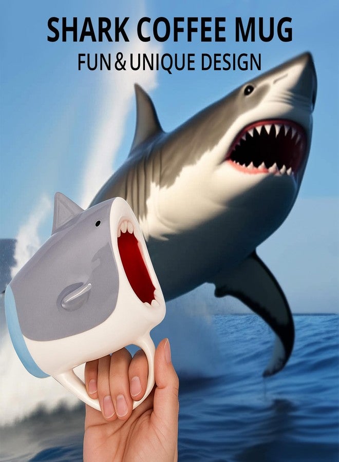 Glazery 13.5 oz Funny 3D Shark Ceramic Coffee Mug, Cute Gray White Cartoon Handmade Figurine Tea Cup Novelty Coffee Cup with Handle for Shark Lovers Holiday Birthday Gifts for Women Men Mom Dad - Image 2