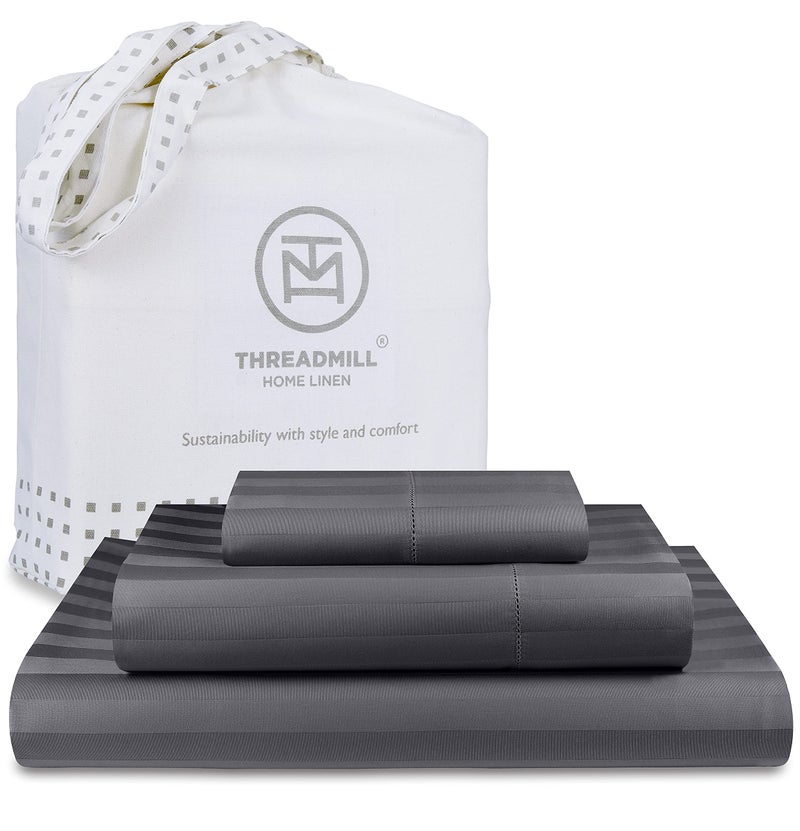 Threadmill Threadmill 500 Thread Count Twin-XL Size Damask Stripe  3 Pc Luxury Cotton Bed Sheet Set  Breathable Dark Grey Sheets with 15"" Elasticized Deep Pocket  1 Pillowcase & Free Tote Bag  - Image 1