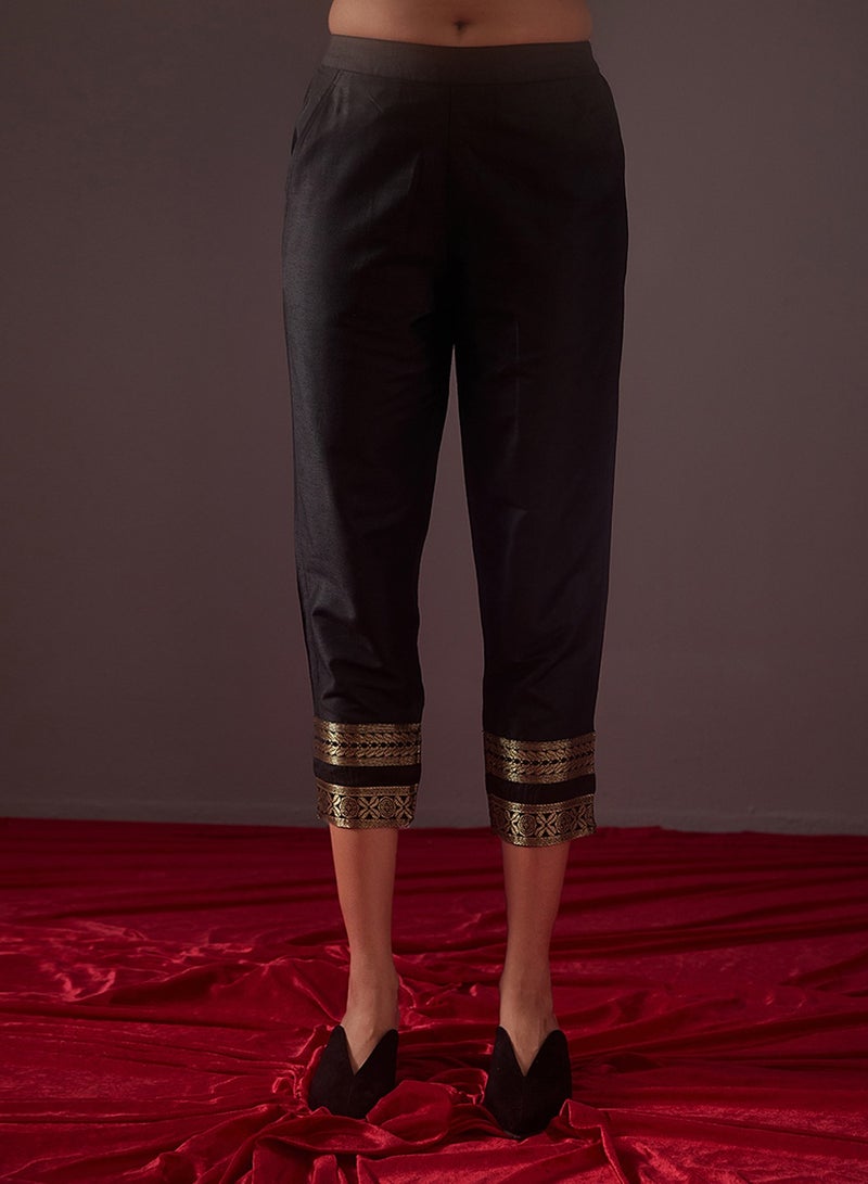 Abhishti Pegged pants with banarasi zari border-Metallic black  - Image 1