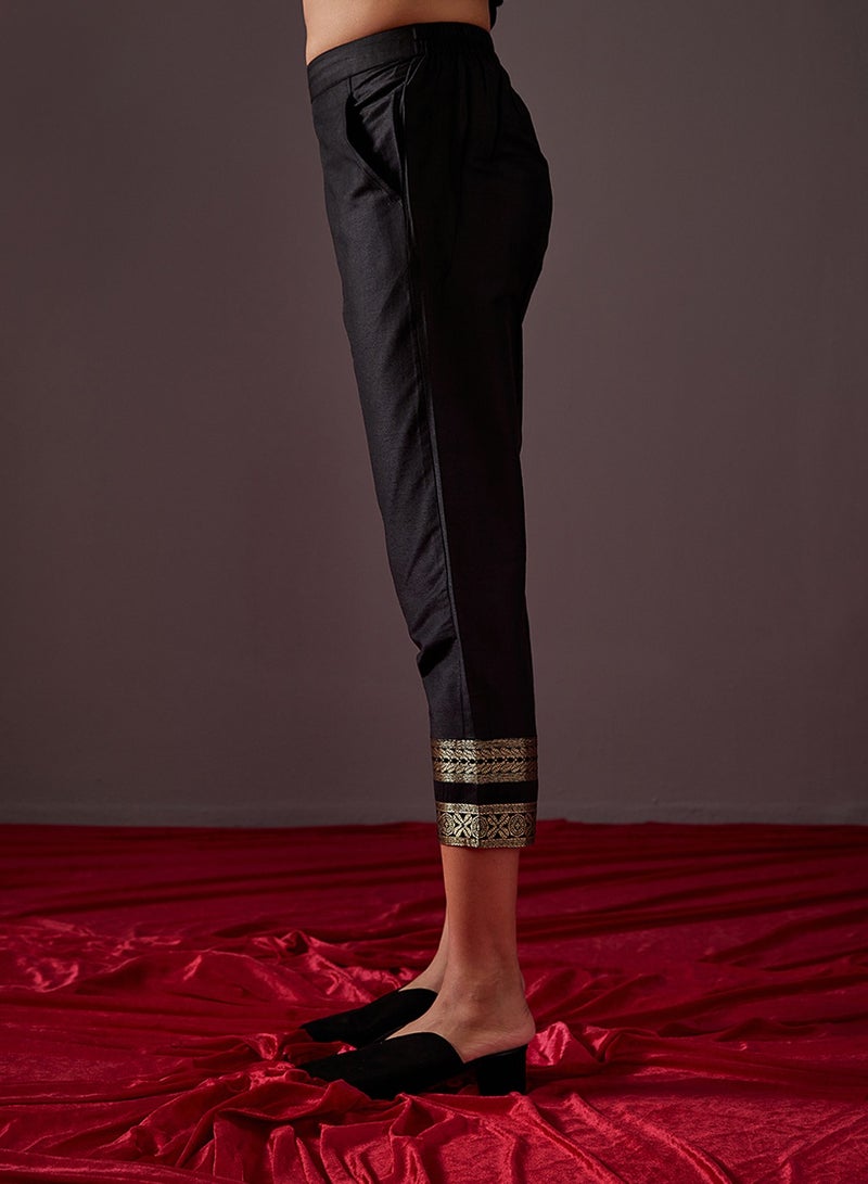 Abhishti Pegged pants with banarasi zari border-Metallic black  - Image 2