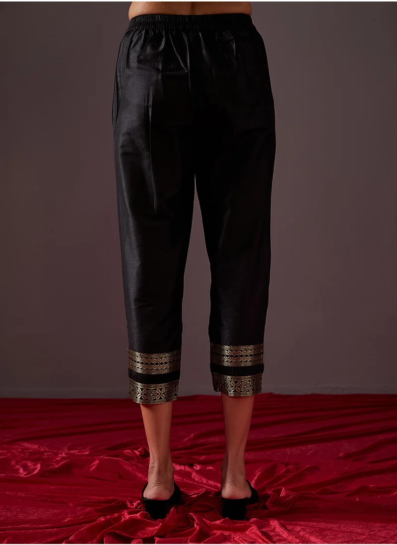 Abhishti Pegged pants with banarasi zari border-Metallic black