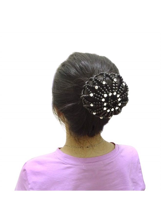 Honbay Hair Bun Cover Elastic Handmade Crochet Hair Net Snood with Pearls and Rhinestones for Ballet, Dance, Skating, etc (Black)
