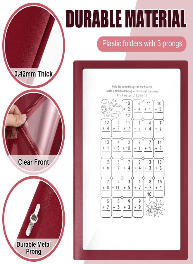 Teling 24 Pcs Report Covers with 3 Prong Fasteners Clear Front Presentation Folders Frame View Poly Report Folder Presentation Binder for Paper Document School Office (Dark Red) - Image 3