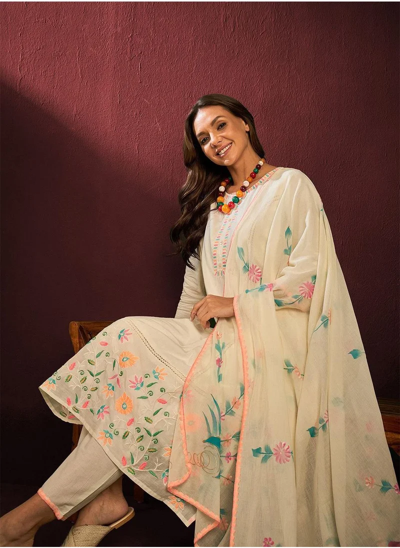آي شين Women's Off White 100% Cotton Embellished Tunic Full Length Casual Straight Fit Kurta Set