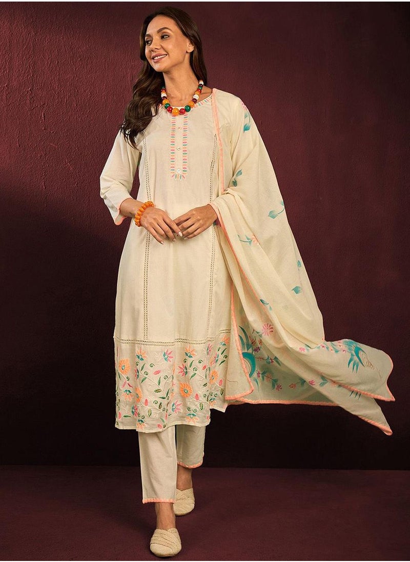 ISHIN Women's Off White 100% Cotton Embellished Tunic Full Length Casual Straight Fit Kurta Set  - Image 5