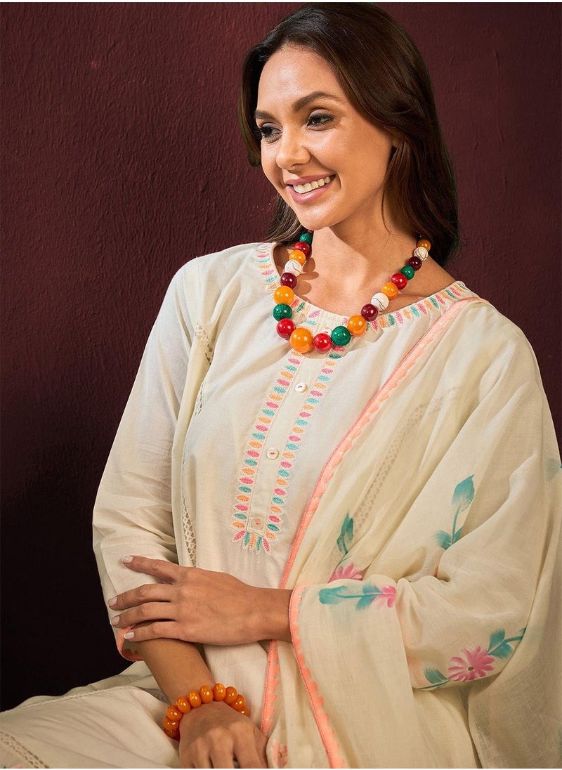 ISHIN Women's Off White 100% Cotton Embellished Tunic Full Length Casual Straight Fit Kurta Set  - Image 3