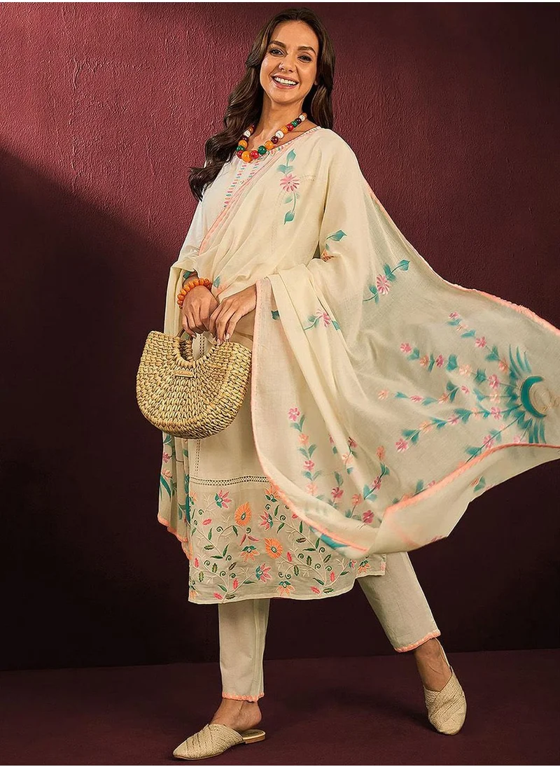 آي شين Women's Off White 100% Cotton Embellished Tunic Full Length Casual Straight Fit Kurta Set