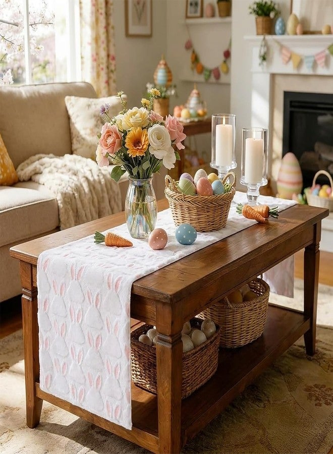 tiosggd Spring Summer Table Runner 72 Inch, White and Pink Faux Fur Cute Bunny Rabbit Dresser Runners for Bedroom, Jacquard Birthday Holiday Party Decorations, Farmhouse Dining Table Decor - Image 4
