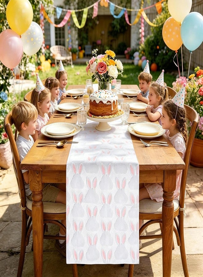 tiosggd Spring Summer Table Runner 72 Inch, White and Pink Faux Fur Cute Bunny Rabbit Dresser Runners for Bedroom, Jacquard Birthday Holiday Party Decorations, Farmhouse Dining Table Decor - Image 1