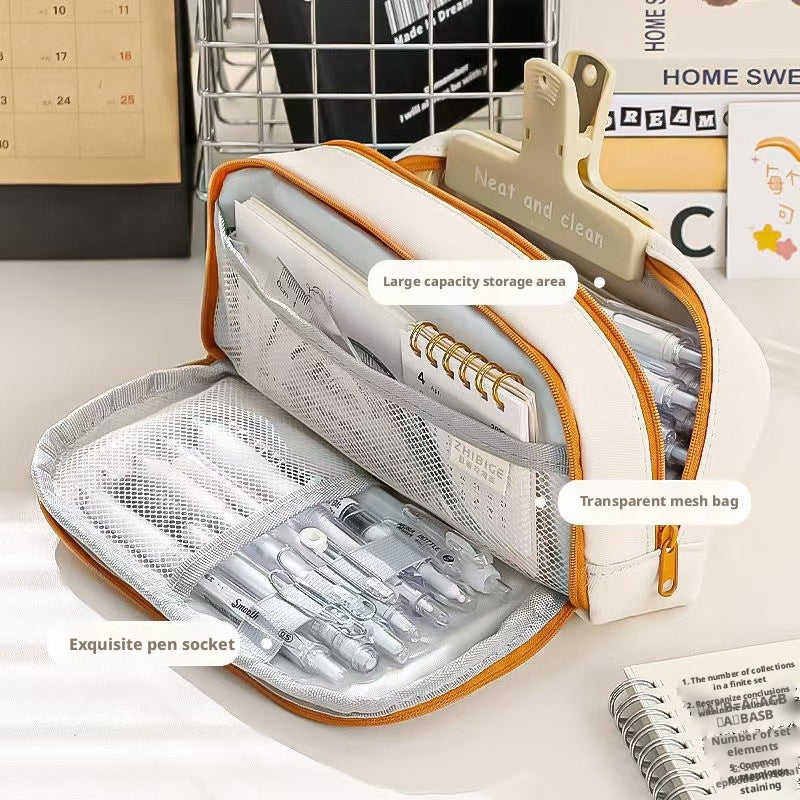 High-capacity Double Zipper Multilayer Vintage Pencil Case for Students - Image 2