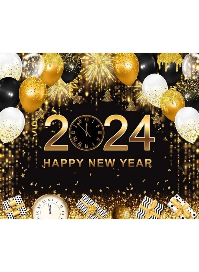 Laeacco Happy New Year Backdrop 10X8Ft Black And Gold New Year Photography Background Glitter Spots Balloons Gifts 2024 New Year'S Eve Carnival Party Decor Banner Portrait Photo Studio Shoot Props - Image 1