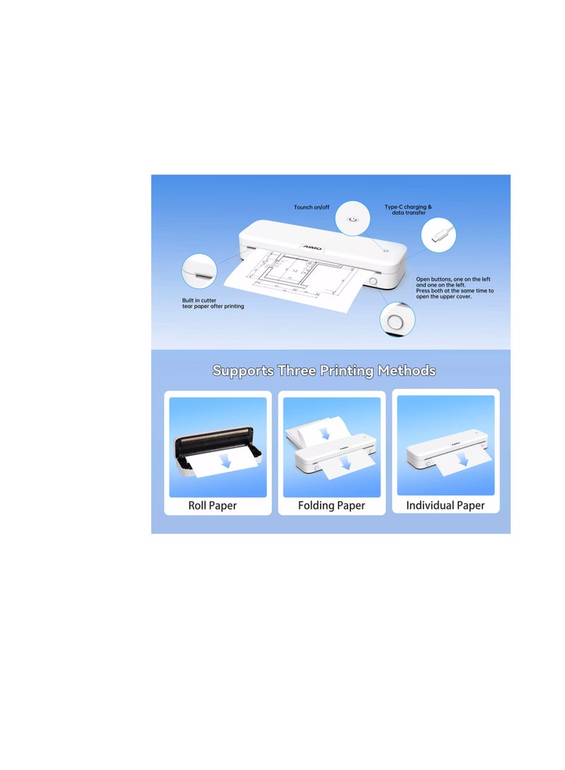 AIMO طابعة محمولة A4 طابعة حرارية بدون حبر - تدعم ورق حراري بحجم 8.26"x11.69"، طابعات سفر بلوتوث للهواتف المحمولة للاستخدام المنزلي، متوافقة مع الهاتف المحمول واللابتوب - Image 5