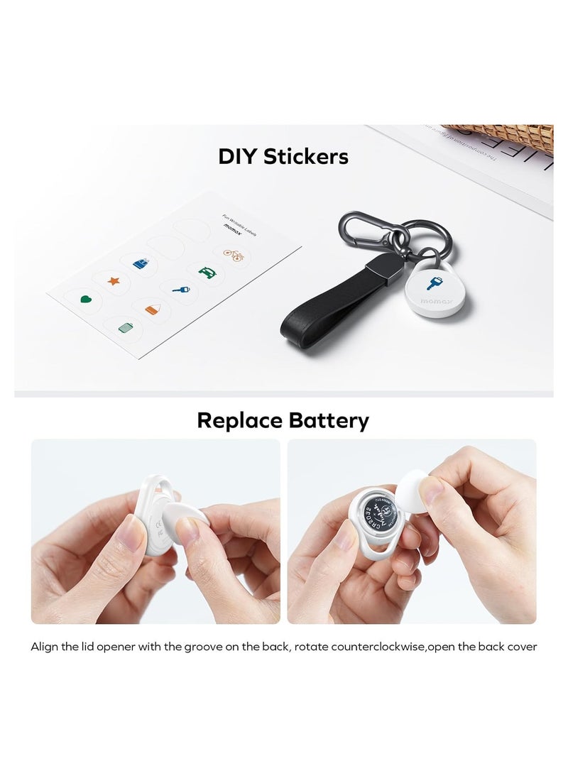 Momax - Momax Tracker Electronics Key Finder Luggage Tracker Smart Tag for Key, Backpack, Wallet, Pets Works with Apple Find My (iOS Only) and Global Search Range Include DIY Personalized Stickers (White) - Image 1