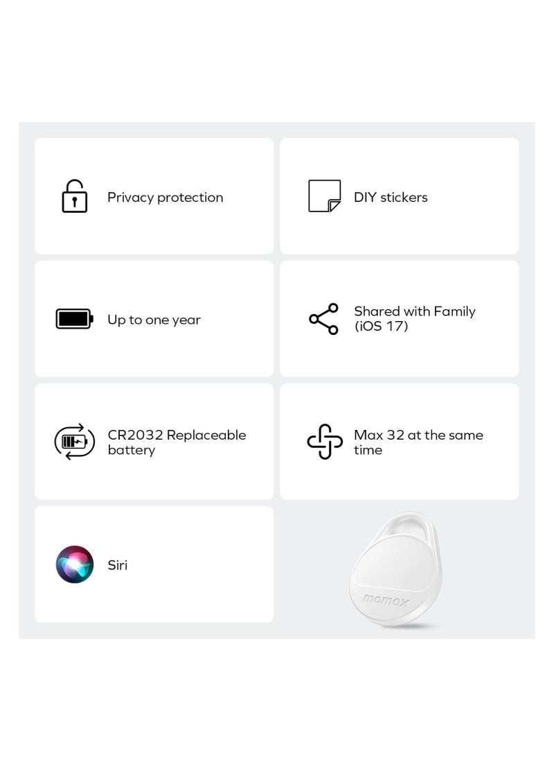 Momax - Momax Tracker Electronics Key Finder Luggage Tracker Smart Tag for Key, Backpack, Wallet, Pets Works with Apple Find My (iOS Only) and Global Search Range Include DIY Personalized Stickers (White) - Image 1
