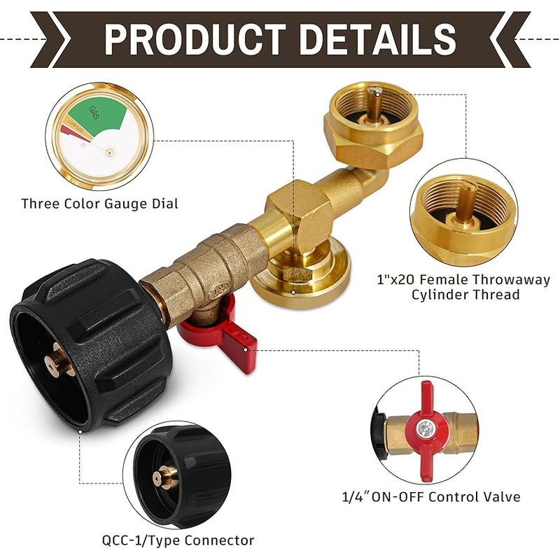 optheey Propane Refill Adapter for 1 LB. Tanks, Propane Adapter 20lb to 1lb Converter with Gauge Valve, Propane Refill Elbow Adapter for BBQ Grill Stove Camping - Image 4