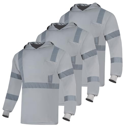 VENDACE 3pcs Safety Reflective High Visibility Long Sleeve Shirts ANSI Class 1 Hi Vis Construction Work T Shirts for Men with HoodGrey3XL - Image 1
