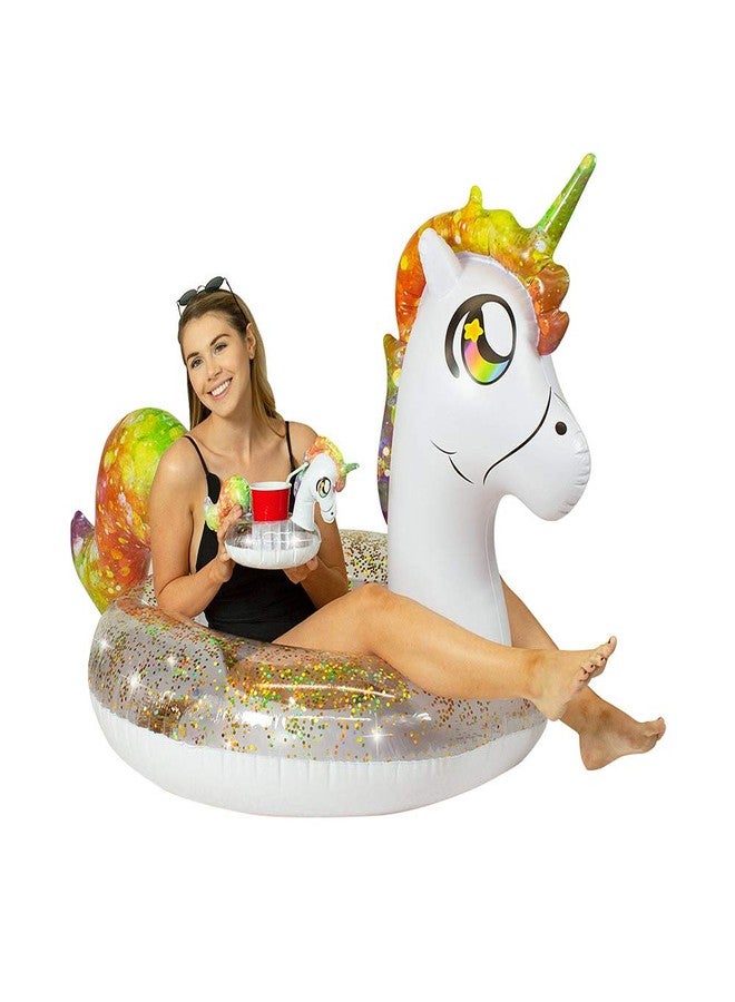 PoolCandy Inflatable Glitter Unicorn Pool Float Party Pack - Includes a Matching Floating Glitter Unicorn Drink Float - Image 1