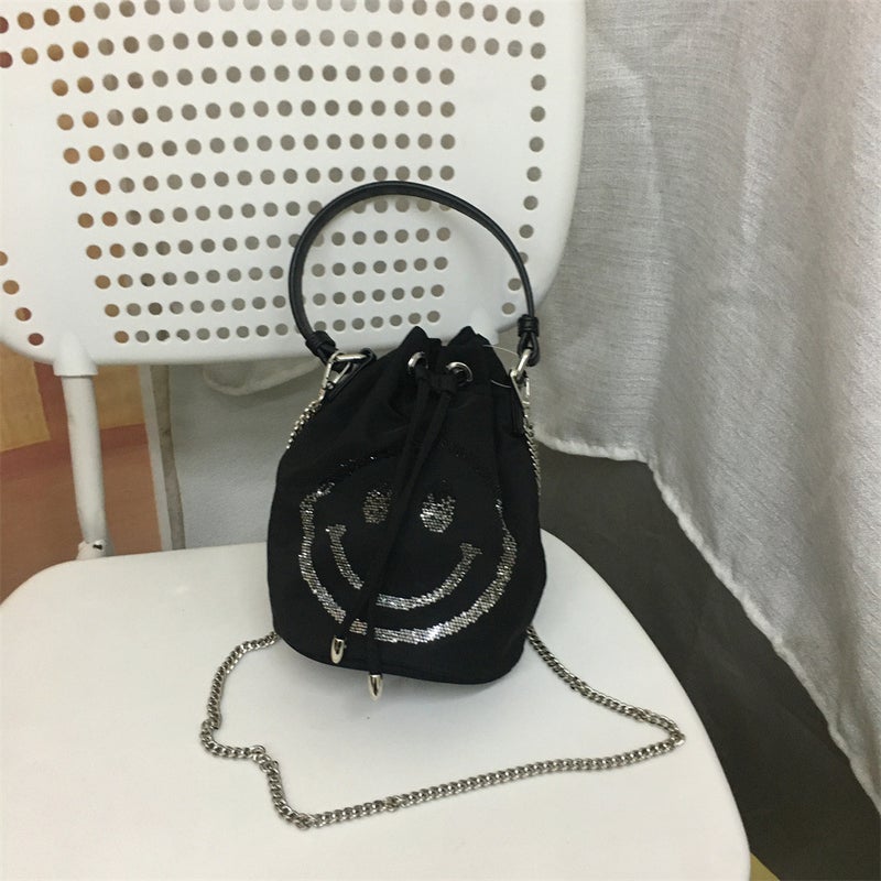 New Style Drawstring Casual Fashion Small Bucket Women'S Bag Diamond-Encrusted Cute Smiley Mini Crossbody Chain Small Women'S Bag - Image 1
