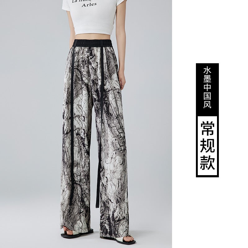 New Chinese Style National Style Pants Womens 2024 Summer High Waist Draped Ink Painting Wide Leg Pants Slimming Straight Pants 7828-Ink Chinese style
