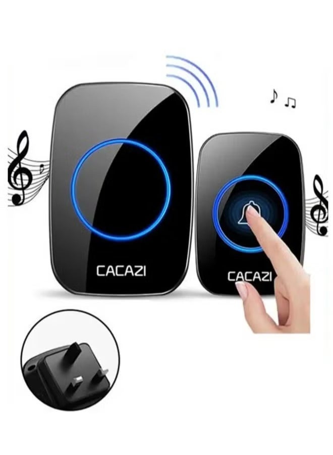 CACAZI Wireless Doorbell Kit, Waterproof Push Button with LED Flash, 300M Range, 38 Chimes, 3 Volume Levels, for Home, Office, Apartment, Hotel, Warehouse, Black - Image 1