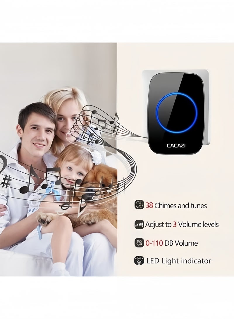 CACAZI Wireless Doorbell Kit, Waterproof Push Button with LED Flash, 300M Range, 38 Chimes, 3 Volume Levels, for Home, Office, Apartment, Hotel, Warehouse, Black - Image 3