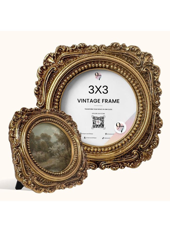 97 Decor Small Gold Vintage Picture Frames 3x3 - Small Round Frame For Tabletop And Wall Hanging, Mini Ornate Gold Frame 3x3, Wallet Size Tiny Frames For Home Bedroom Decor - Image 1