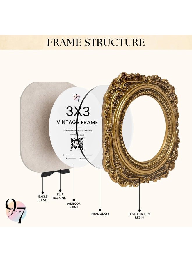 97 Decor Small Gold Vintage Picture Frames 3x3 - Small Round Frame For Tabletop And Wall Hanging, Mini Ornate Gold Frame 3x3, Wallet Size Tiny Frames For Home Bedroom Decor - Image 3