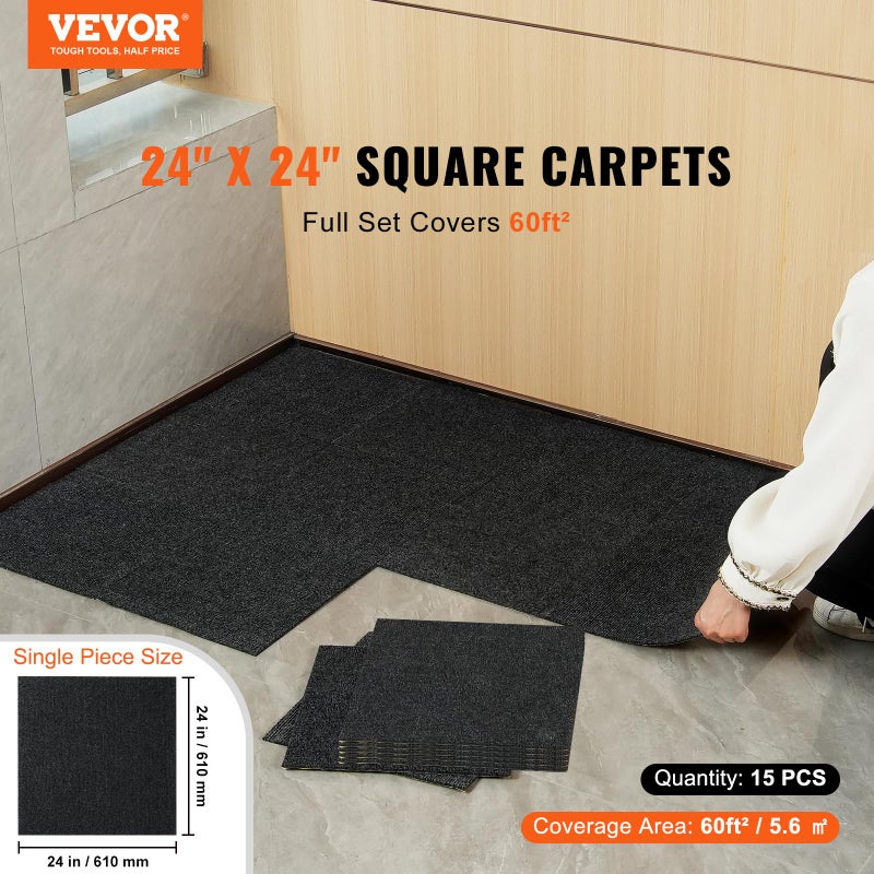 VEVOR 24 x 24 Peel and Stick Carpet Tiles Squares with Self Adhesive & Soft Padded for Indoor Outdoor Kitchen Living Room Bedrooms - Pack of 15/60 sq ft/Carbon Black - Image 2