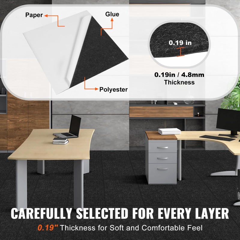 VEVOR 24 x 24 Peel and Stick Carpet Tiles Squares with Self Adhesive & Soft Padded for Indoor Outdoor Kitchen Living Room Bedrooms - Pack of 15/60 sq ft/Carbon Black - Image 3