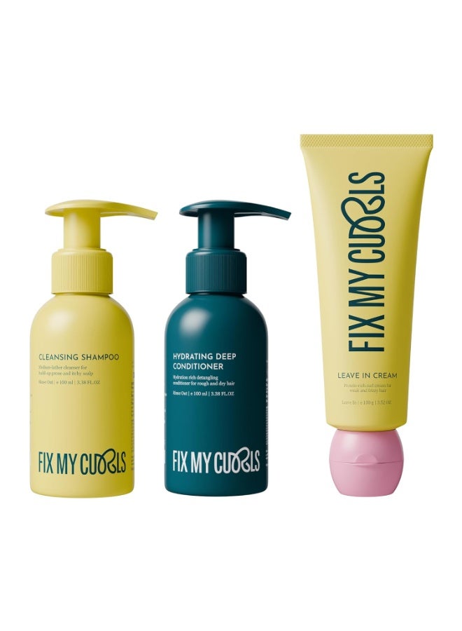 فيكس ماي كيرلز مجموعة Fix My Curls لتحديد تجعيدات الشعر من 3 خطوات | شامبو منظف 100 مل، بلسم مرطب عميق 100 مل، وكريم يُترك على الشعر 100 غرام - Image 1