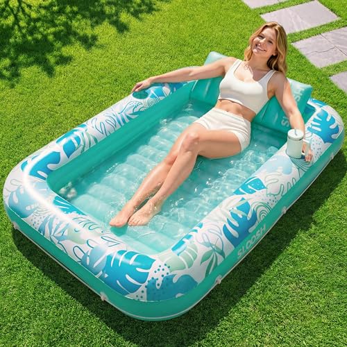 SLOOSH Inflatable Tanning Pool Lounger Float 70 x 46 Pool Floats Adult with Pillow 4 in 1 Suntan Tub Raft FloatieSunbathing Bed Lounge for Water Blow Up Kids Ball Pit Party Gifts LCyan White - Image 1