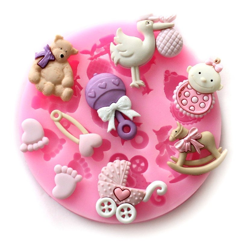 Longzang Mini Silicone Sugar, Fondant and Cake Mold, Baby Shower Theme, Pink - Image 1