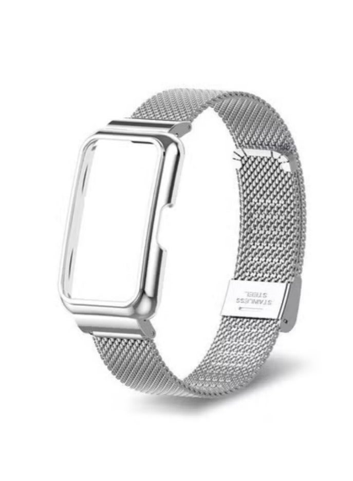 Compatible for Huawei Band 10 Strap Stainless Steel Metal Bracelet Replacement Band Metal Integrated Case Strap Wristband Sport Band for Women Men  - Image 3