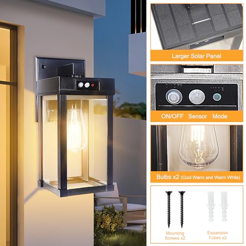 CYHKEE 2 Pack Solar Wall Lights Outdoor Waterproof with 3 Lighting Modes & Motion Sensor, Dusk to Dawn Exterior Porch Light fixtures, Solar Wall Lantern Fixture for Garage Porch Yard Front Door - Image 3
