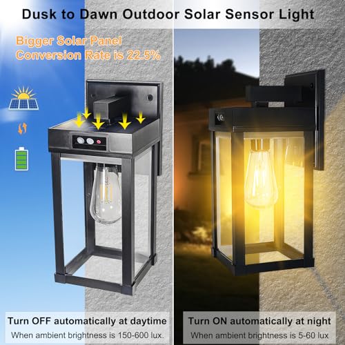CYHKEE 2 Pack Solar Wall Lights Outdoor Waterproof with 3 Lighting Modes & Motion Sensor, Dusk to Dawn Exterior Porch Light fixtures, Solar Wall Lantern Fixture for Garage Porch Yard Front Door - Image 2