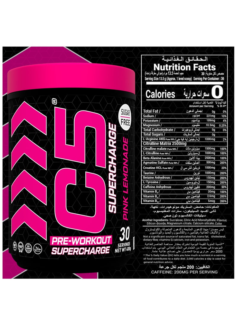 C5 C5 Supercharge Pre Workout Powder Pink Lemonade - 30 Servings, 200mg High Caffeine - Sugar Free -Zero Calories - Beta Alanine - Citrulline Malate, Creatine HCL High-Performance PreWorkout Booster Supplement  - Image 3