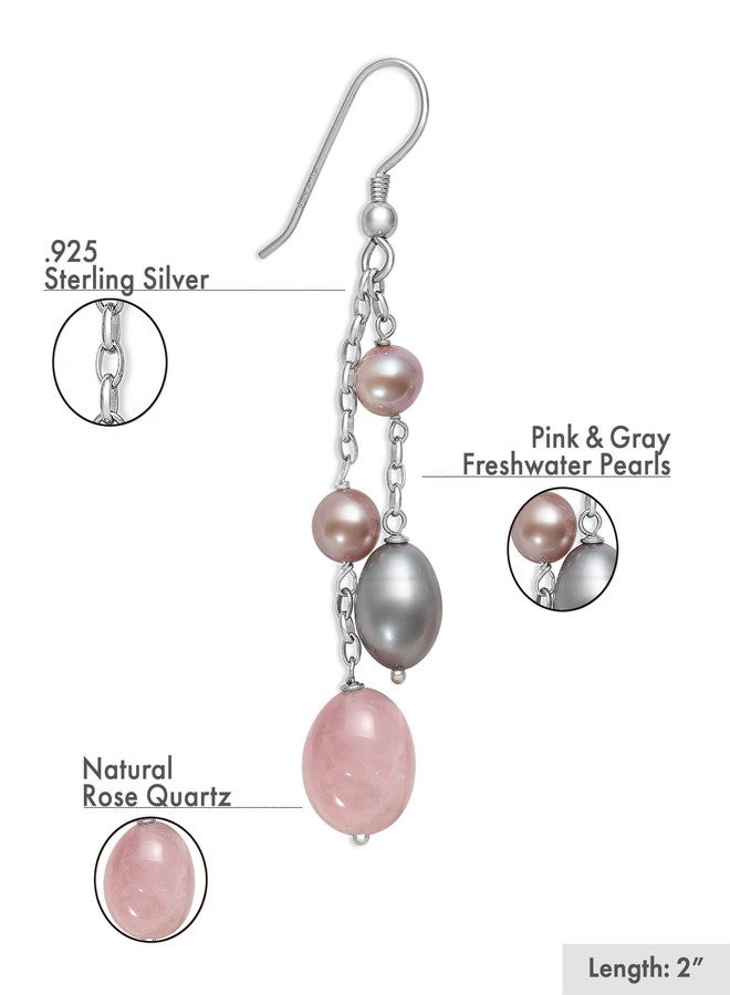 Belacqua Sterling Silver Pink Cultured Freshwater Pearl and Rose Quartz Dangle Drop Earrings Pink - Image 3
