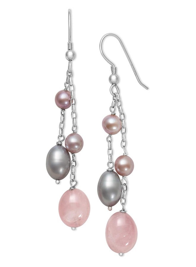 Belacqua Sterling Silver Pink Cultured Freshwater Pearl and Rose Quartz Dangle Drop Earrings Pink - Image 1