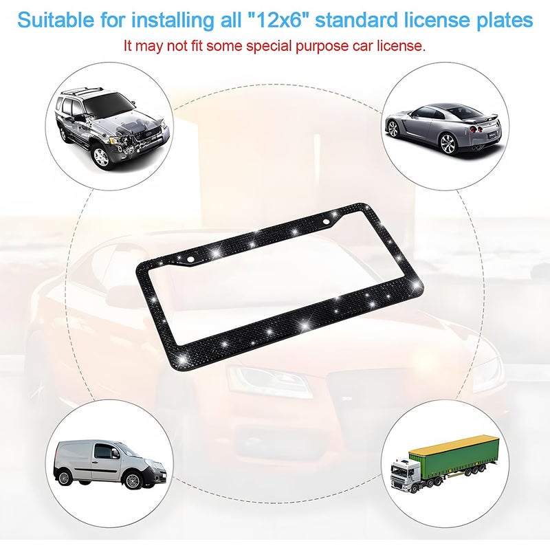 YALOK Bling 2PCS Car License Plate Frame, Handcrafted Crystal Stainless Steel License Plate Frame, Sparkly, Durable, Universal Fit, Car Accessories for Girls, Women (Black) - Image 4