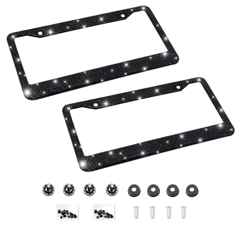 YALOK Bling 2PCS Car License Plate Frame, Handcrafted Crystal Stainless Steel License Plate Frame, Sparkly, Durable, Universal Fit, Car Accessories for Girls, Women (Black) - Image 1