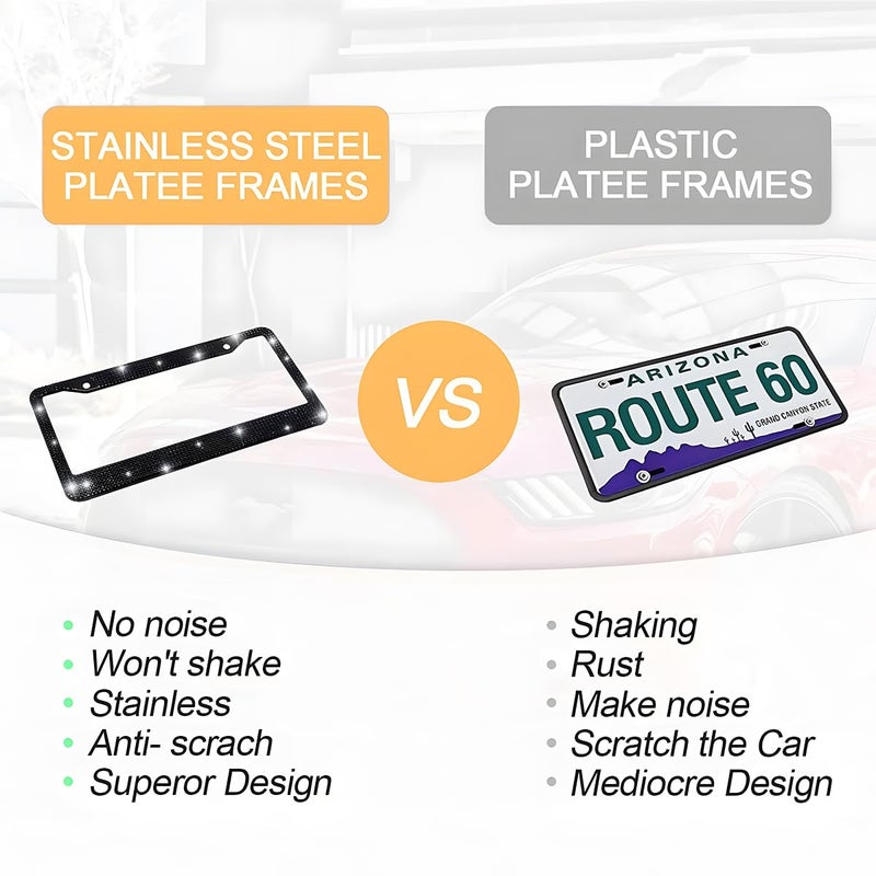 YALOK Bling 2PCS Car License Plate Frame, Handcrafted Crystal Stainless Steel License Plate Frame, Sparkly, Durable, Universal Fit, Car Accessories for Girls, Women (Black) - Image 5