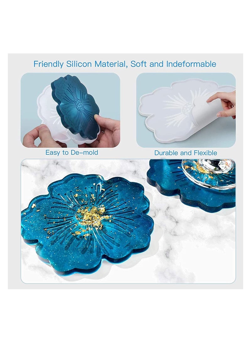 4PCS Coaster Resin Molds Set Coaster Silicone Molds for Epoxy Resin Flower Design Coaster Molds for Resin Casting Epoxy Mold for DIY Resin Crafts Cup Mats Home Decoration