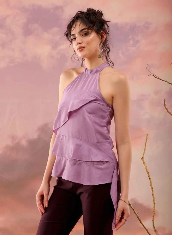 Women Regular Fit Solid Round Neck Sleeveless Ruffled Top