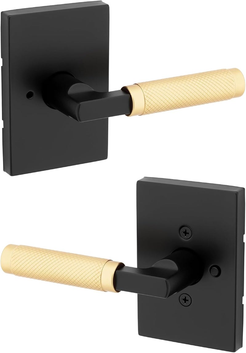 Kwikset Prava Interior Privacy Door Knurled Handle with Lock Door Lever For Bathroom and Bedroom Matte Black and Satin Brass Reversible Keyless Push Button Lock Door Lever with Microban Protection - Image 1