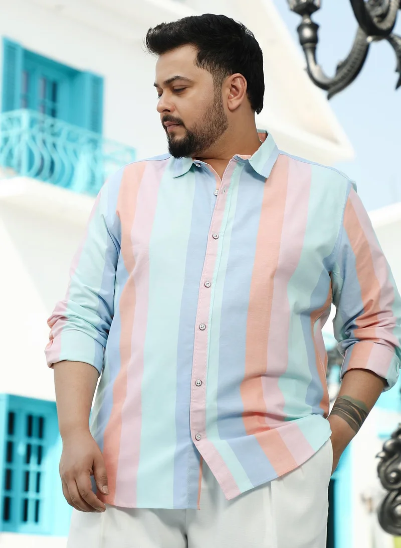 انستافاب بلس قميص رجالي مخطط روماني وردي وأزرق فاتح مقاس بلس لارتداء كاجوال بياقة عريضة وأكمام طويلة بأزرار