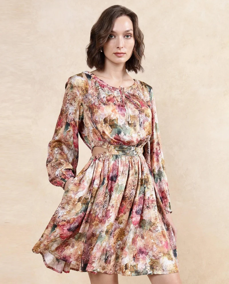 ريريزم Women's Printed Short Dress With Cut Out Detail