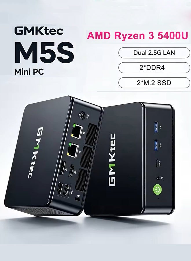 GMKtec M5s Mini PC AMD Ryzen 3 5400U 16GB DDR4 RAM 512GB SSD Windows 11 Pro Desktop Computer, Dual 2.5G LAN, 2× M.2 SSD, 2× DDR4, WiFi 6E, Bluetooth 5.2, HDMI DP USB-C black - Image 1